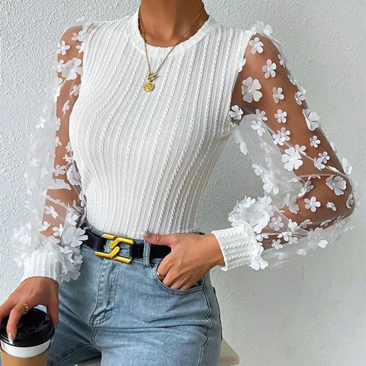 Camisa de gasa con flores pequeñas de malla para mujer Top de manga larga con cuello redondo