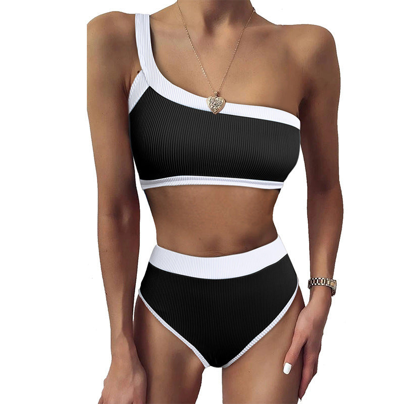 Black and White Pure Color Single-side Strap Bikini