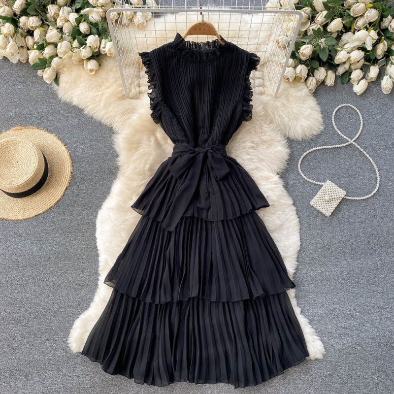 Pleated Wood Ear Collar Lace-up Thin Ruffle Dress