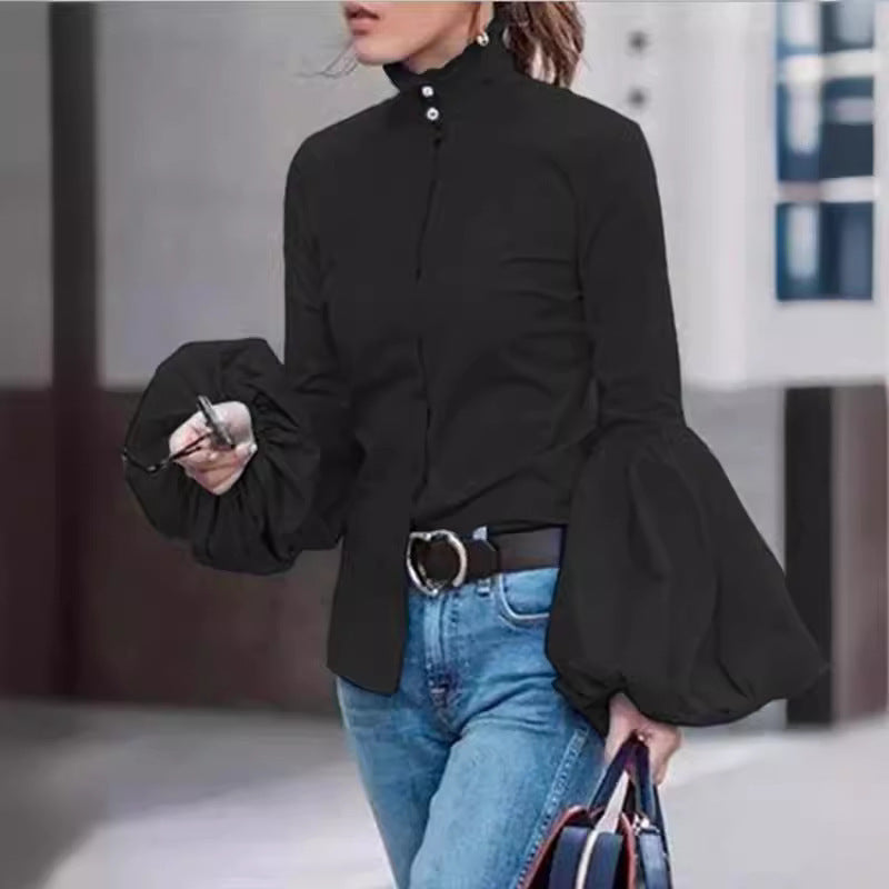 Stand Collar Puffy Sleeve Top Cardigan Long Sleeve Lapel Shirt