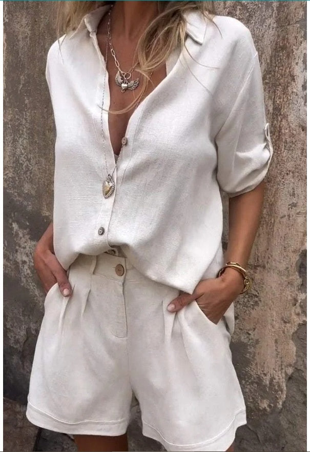 Mid-sleeve Cotton Linen Lapel Shirt Outfit