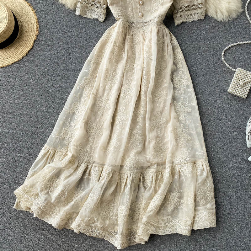 Vestido de encaje vintage con cuello cuadrado y corte entallado con volantes de longitud media para mujer