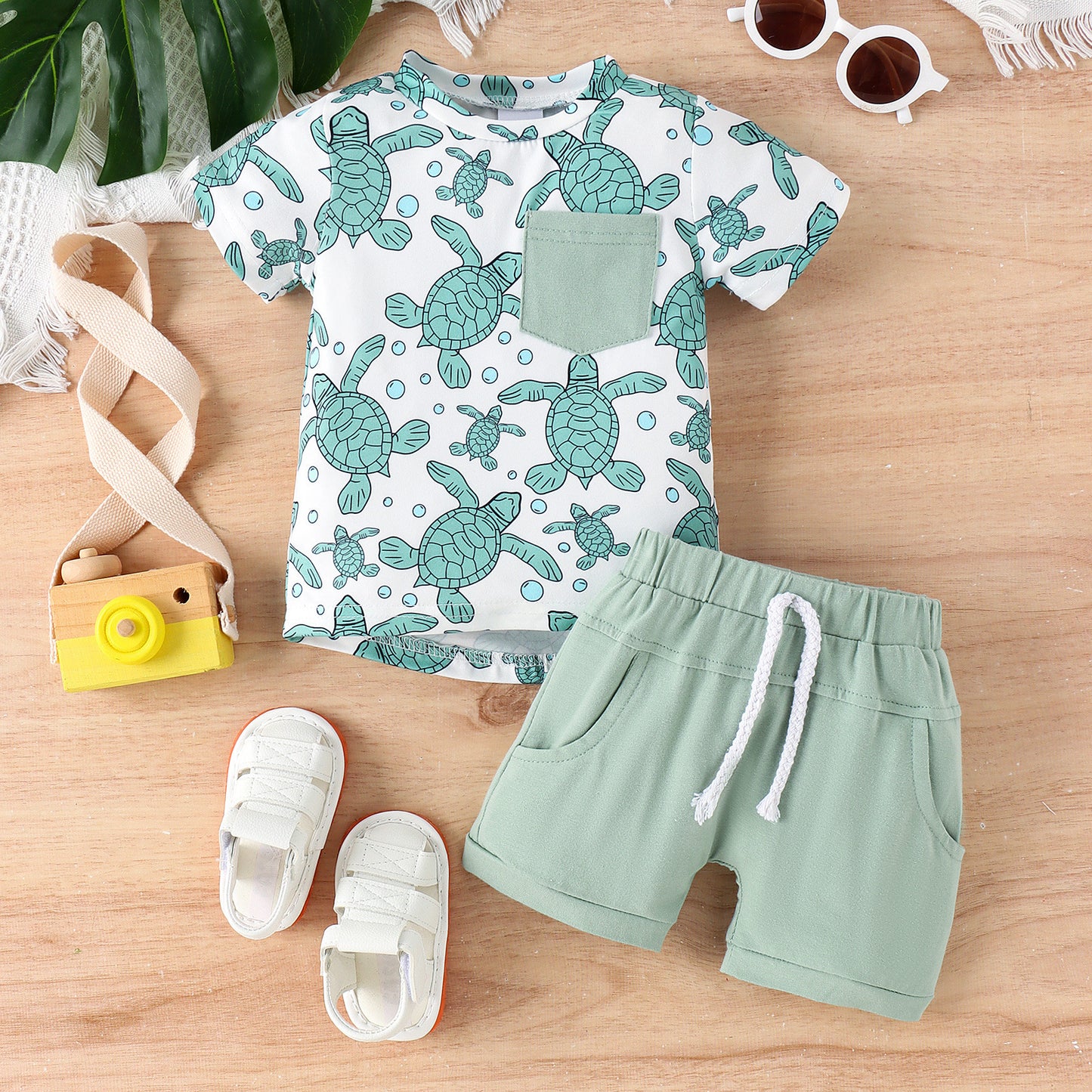 Summer Children's Turtle Shark Print Short Sleeve Suit