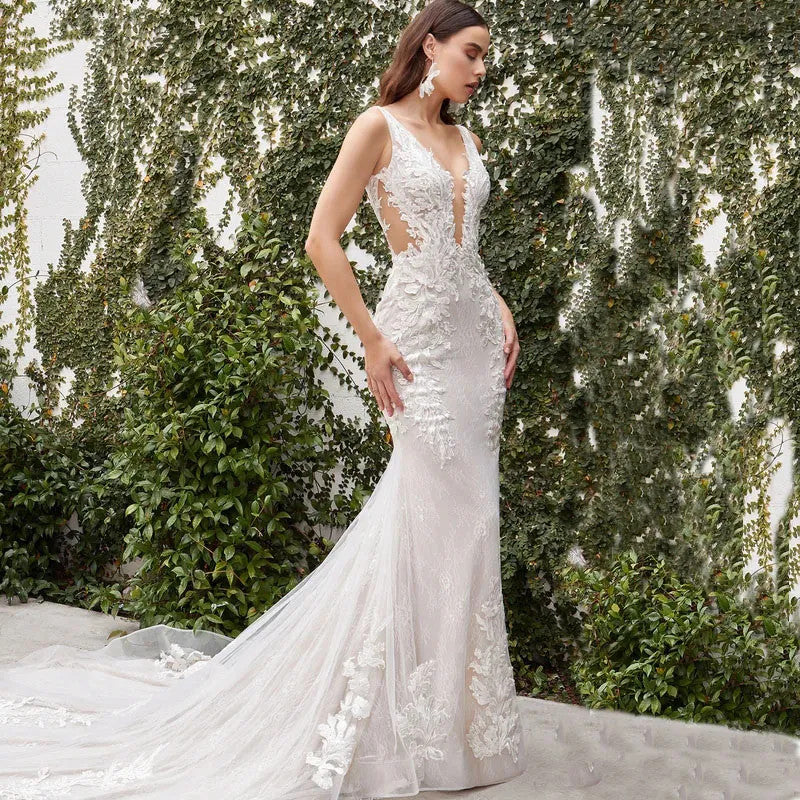 Vestido de novia con cuello en V y encaje para mujer