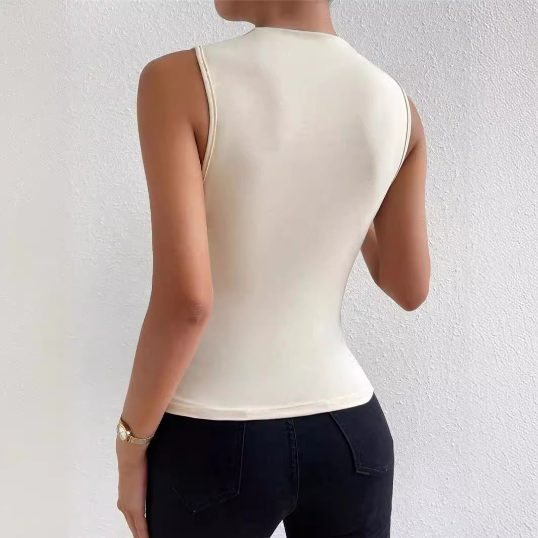 Camiseta de cuello alto sin mangas plisada de color sólido que combina con todo de moda