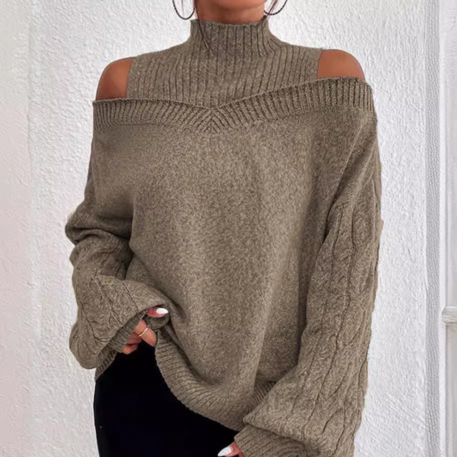 Off-the-shoulder Sweater Women's Pullover Half Turtleneck Autumn And Winter New Lantern Sleeve Sweater