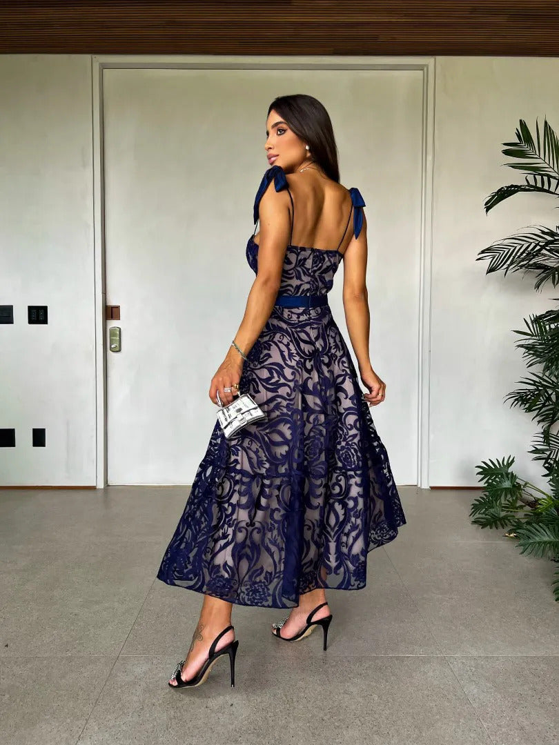 Blue Embroidered Printed Sling Backless Long Dress