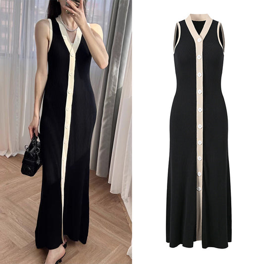 French Style Elegant V-neck Sleeveless Long Knitted Dress