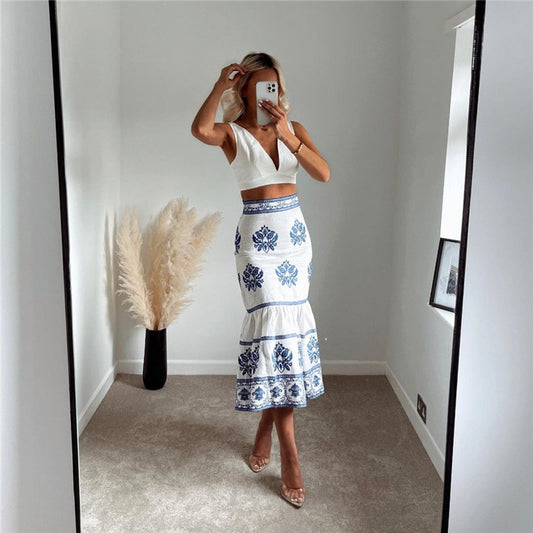 Fashion Ethnic Style High Waist Slim Blue And White Porcelain Printed Midi A-line Skirt Women