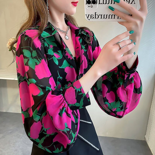 New Loose Lantern Sleeve Chiffon Printed Shirt For Women