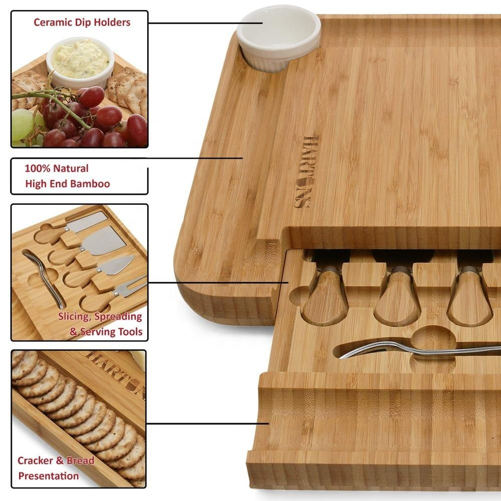 Organic Bamboo Cheese Cutting Board, 2 bowls, 2 Folks & Knife Gift Set - Serving Tray for Charcuterie Platter  33X33