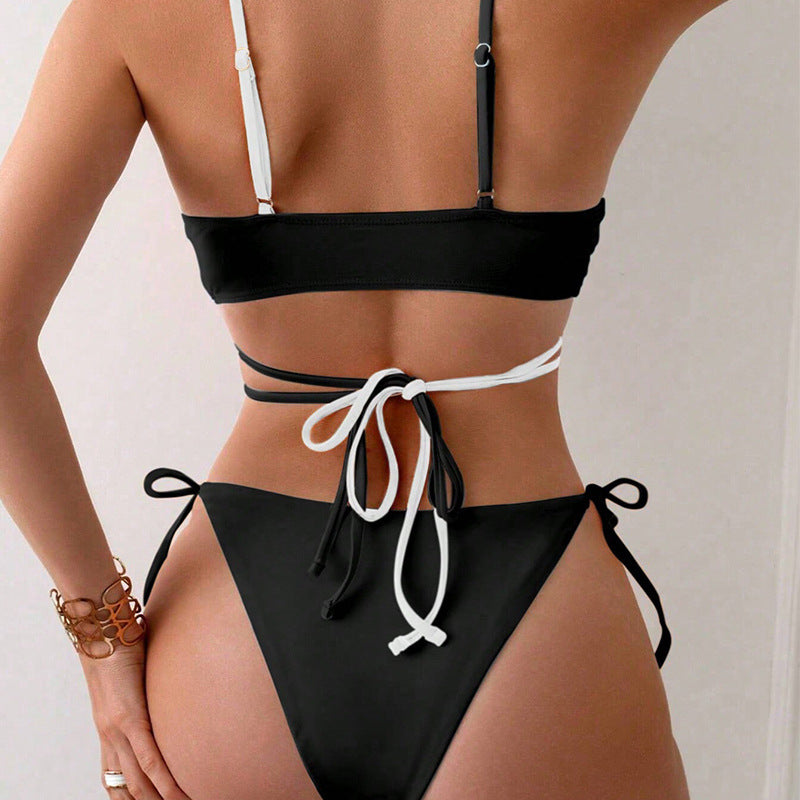 Color Matching Lace-up Hollow Beach Bikini Three-point Style