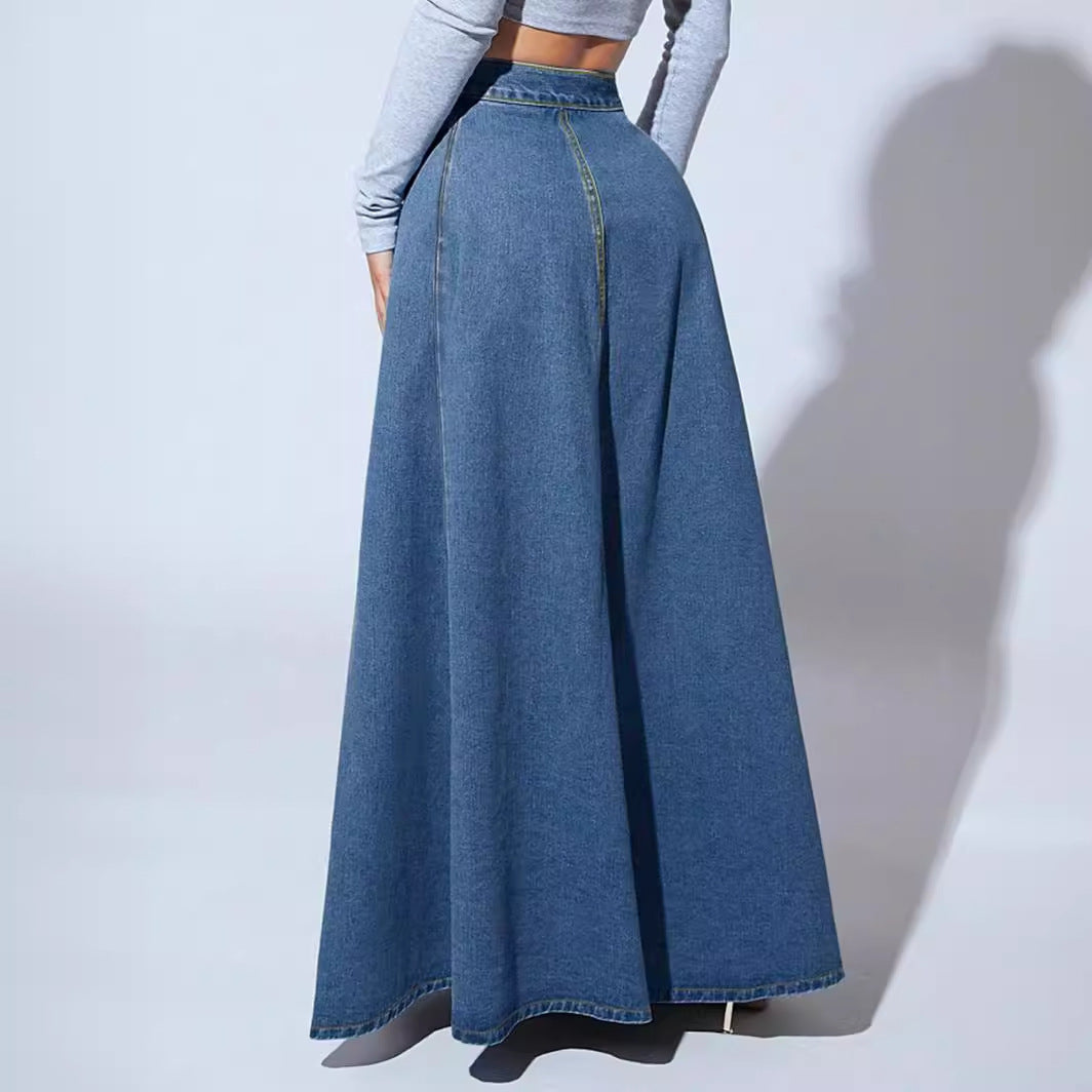 Retro Style Fashionable Large Swing Design Single-breasted Denim Skirt