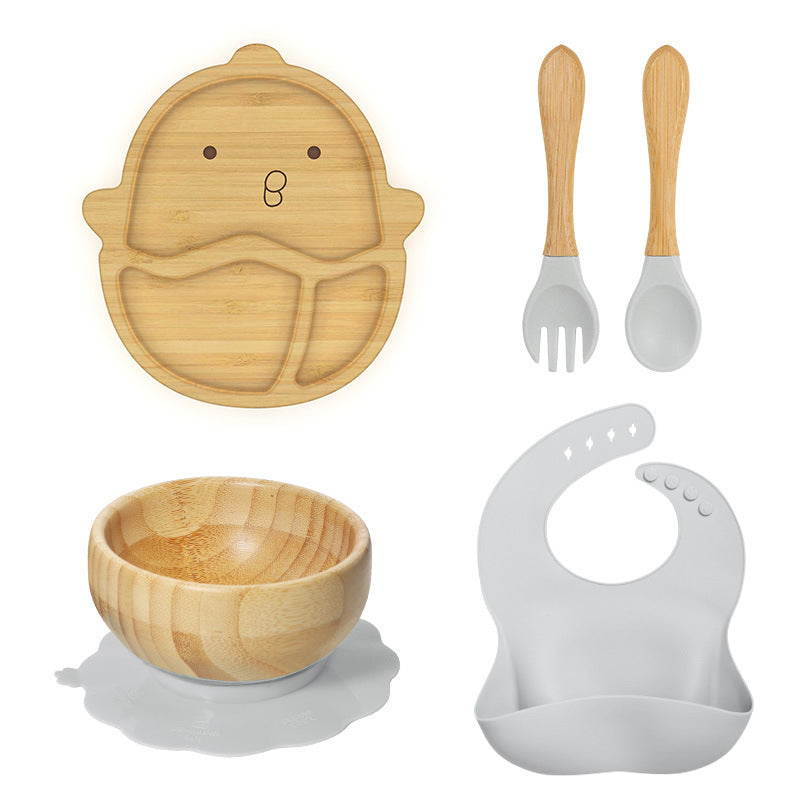 Baby Sucker Bamboo Bowl Compartment Food Supplement Spork Silicone Bib Tableware Suit