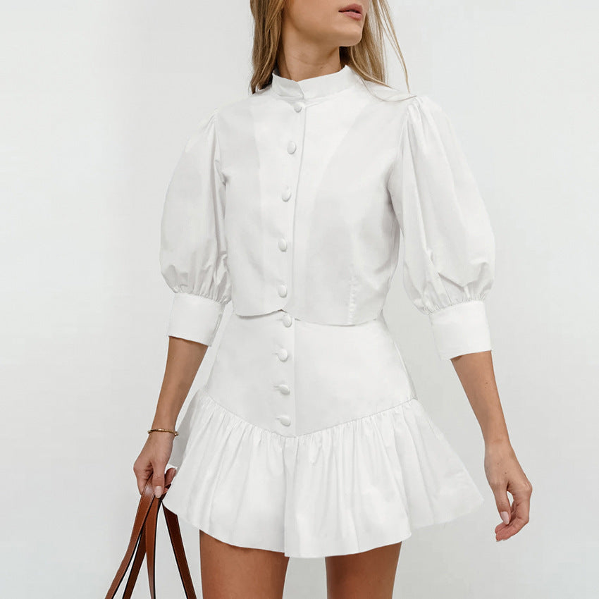 White Lantern Sleeve Shirt Short Skirt Two-piece Set For Women