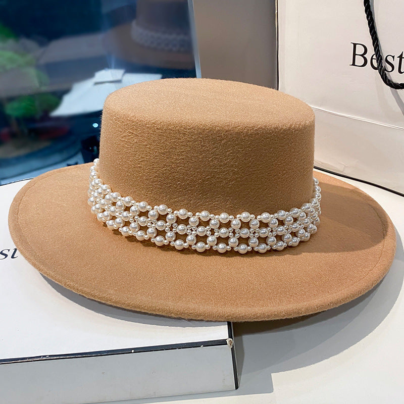 Autumn And Winter New White Children's Elegant Pearl Chain Flat Top Hat