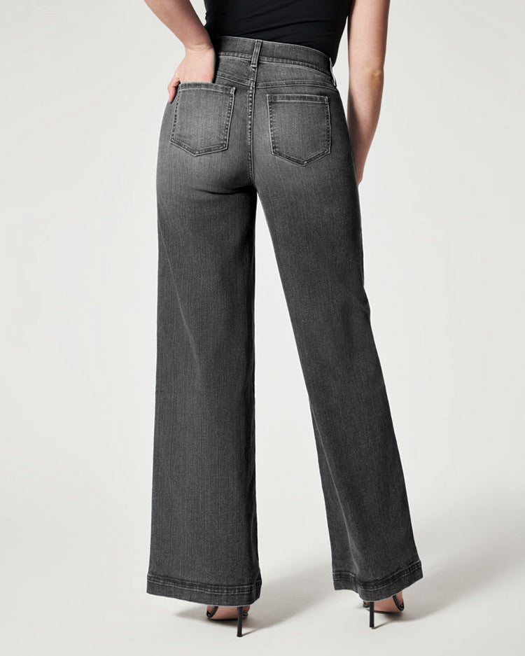 Women's Straight Jeans Mid Waist Wide Leg Pants High Elastic Waist Trousers