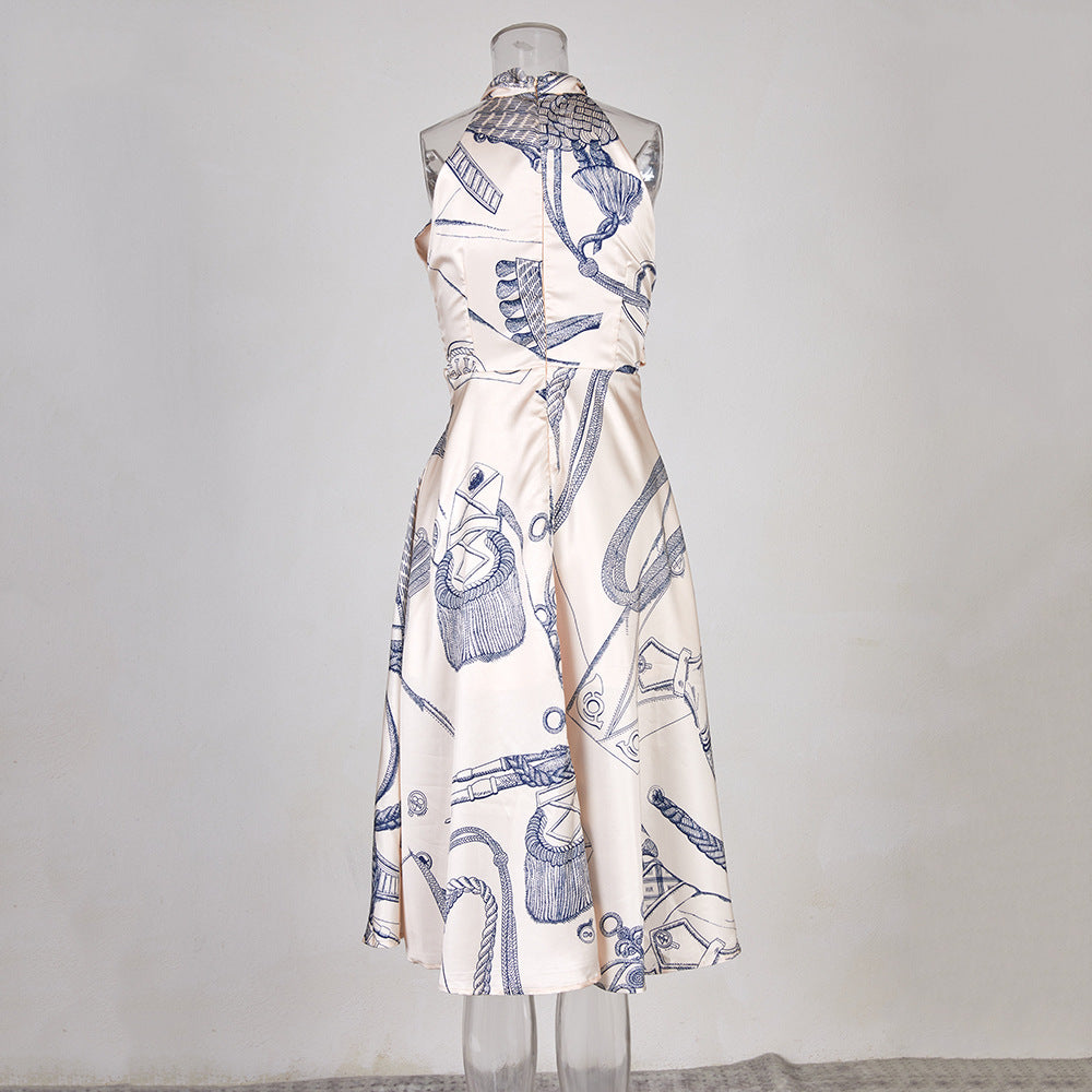 French Style Halterneck Printed Dress