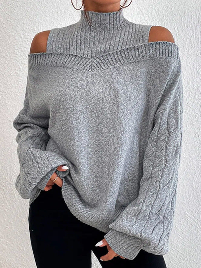 Off-the-shoulder Sweater Women's Pullover Half Turtleneck Autumn And Winter New Lantern Sleeve Sweater