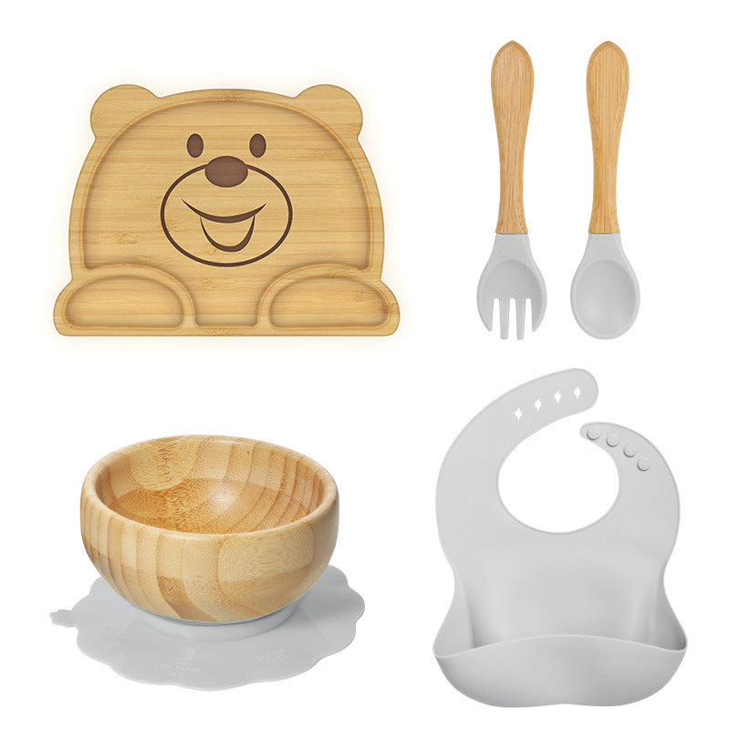 Baby Sucker Bamboo Bowl Compartment Food Supplement Spork Silicone Bib Tableware Suit