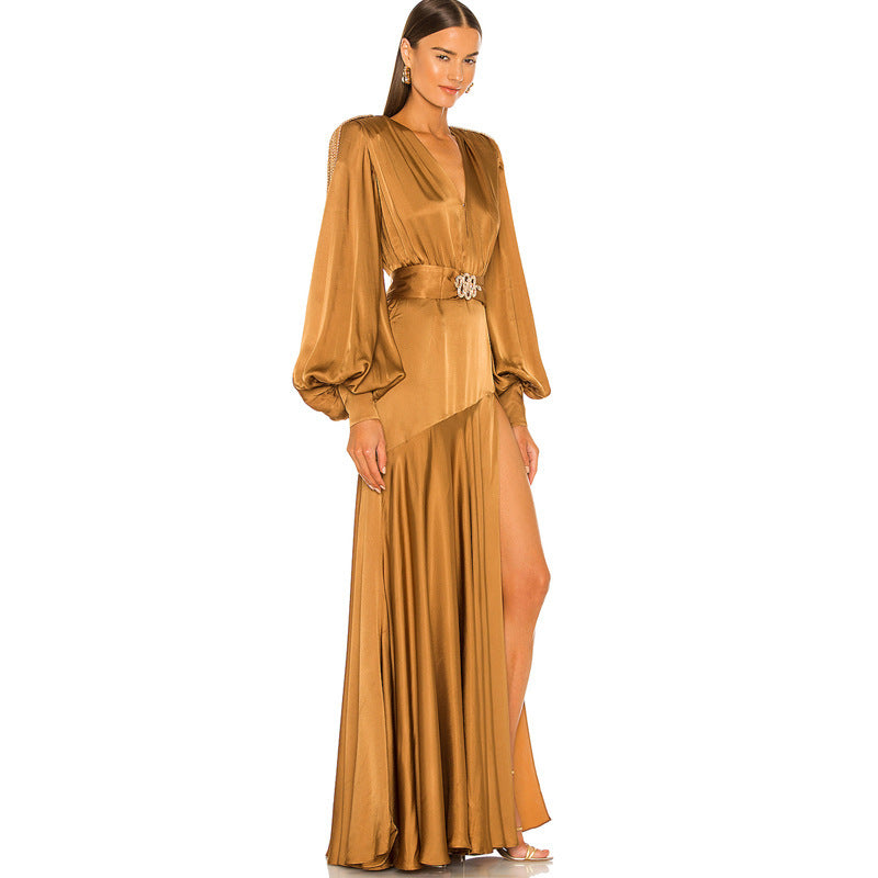 Flared Sleeve Slit Elegant Pleated Dress