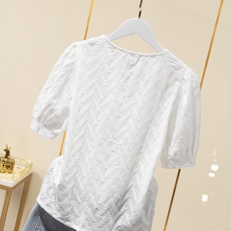 Camisa de manga abullonada bordada de algodón Tops camisas blancas para mujer