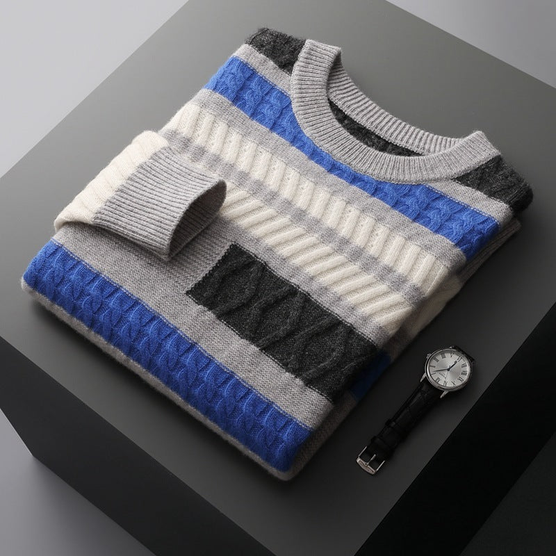 Korean Style Color-block Crew Neck Cashmere Sweater Men's Contrast Color