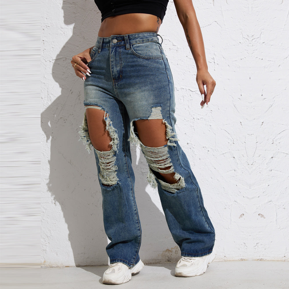 Pantalones vaqueros Shascullfites Melody Blue Wash Ripped Retro Straight Leg para mujer Pantalones vaqueros Pantalones vaqueros anchos Ropa de calle