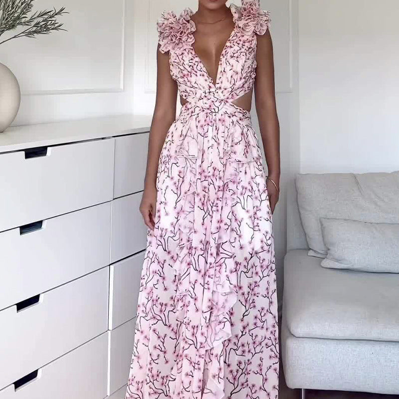 Casual Home Floral Backless Dress Women