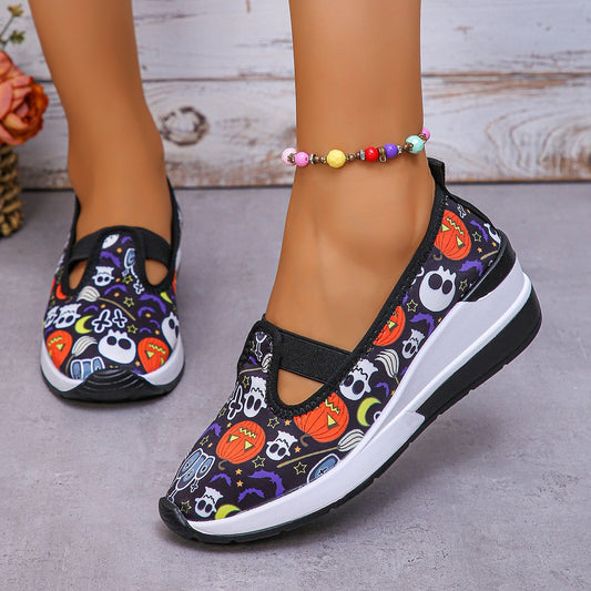 Halloween Pumpkin Ghost Print Flat Shoes Casual Thick-soled Round Toe Casual Shoes For Women