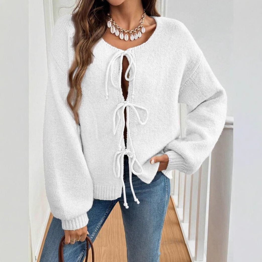 Women's Casual Loose Cardigan Lace-up Solid Color Sweater