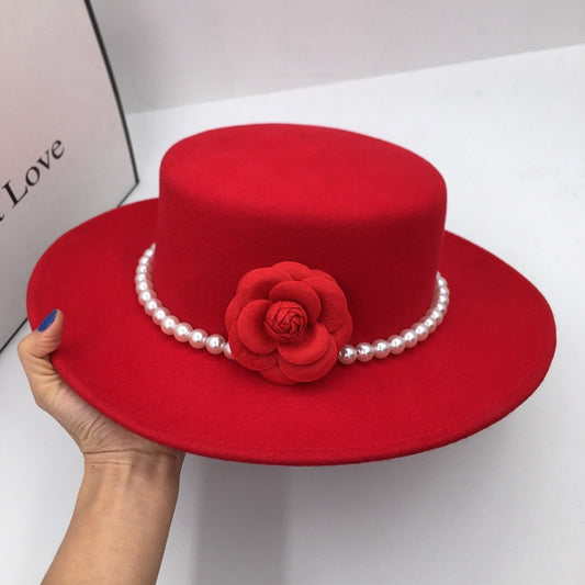 Red Wool Tweed Elegant Small Incense Pearl Flowers Flat Top Wide Brim Hat