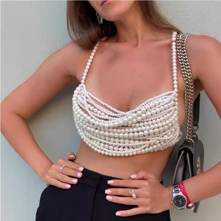 Multi-layer Pearl Handmade Stitching Fashionable Exquisite Halter Top Vest