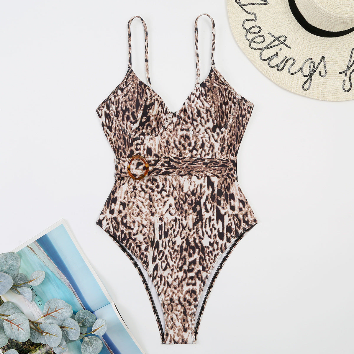 New Leopard-print One-piece Swimming Suit Strappy Low-cut Belt