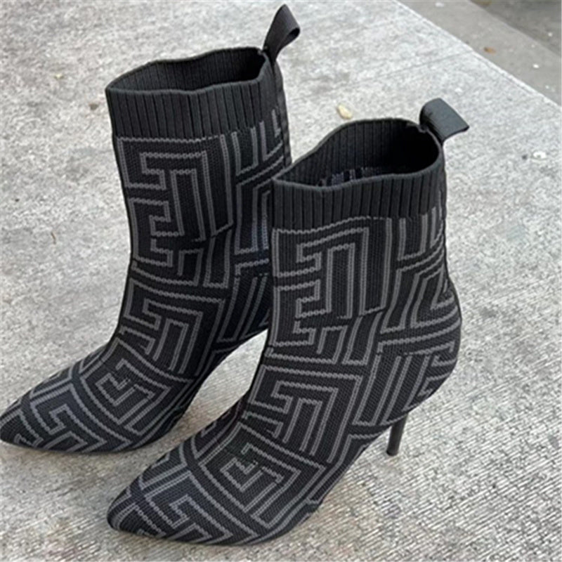 Botines de moda para mujer, botas de tacón alto hasta el muslo, zapatos con punta puntiaguda y estampado