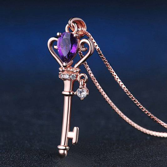 Sterling Silver Crown Key Pendant Necklace, 0.4 Carat Amethyst Gemstone Jewelry, Rose Gold Plated Chain