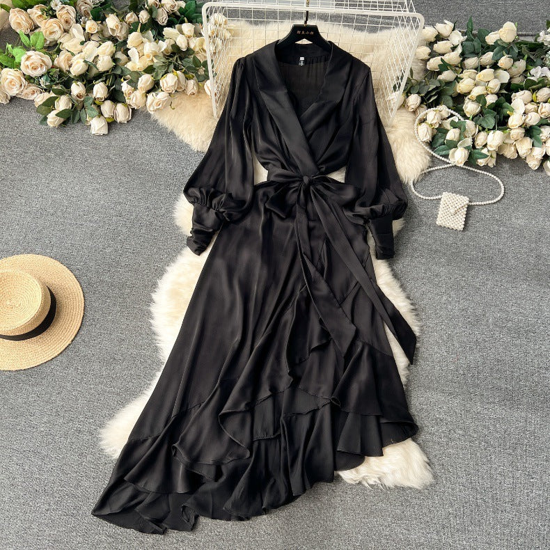 Long Sleeve Lace-up Waist Trimming Ruffles Irregular Suit Skirt Dress