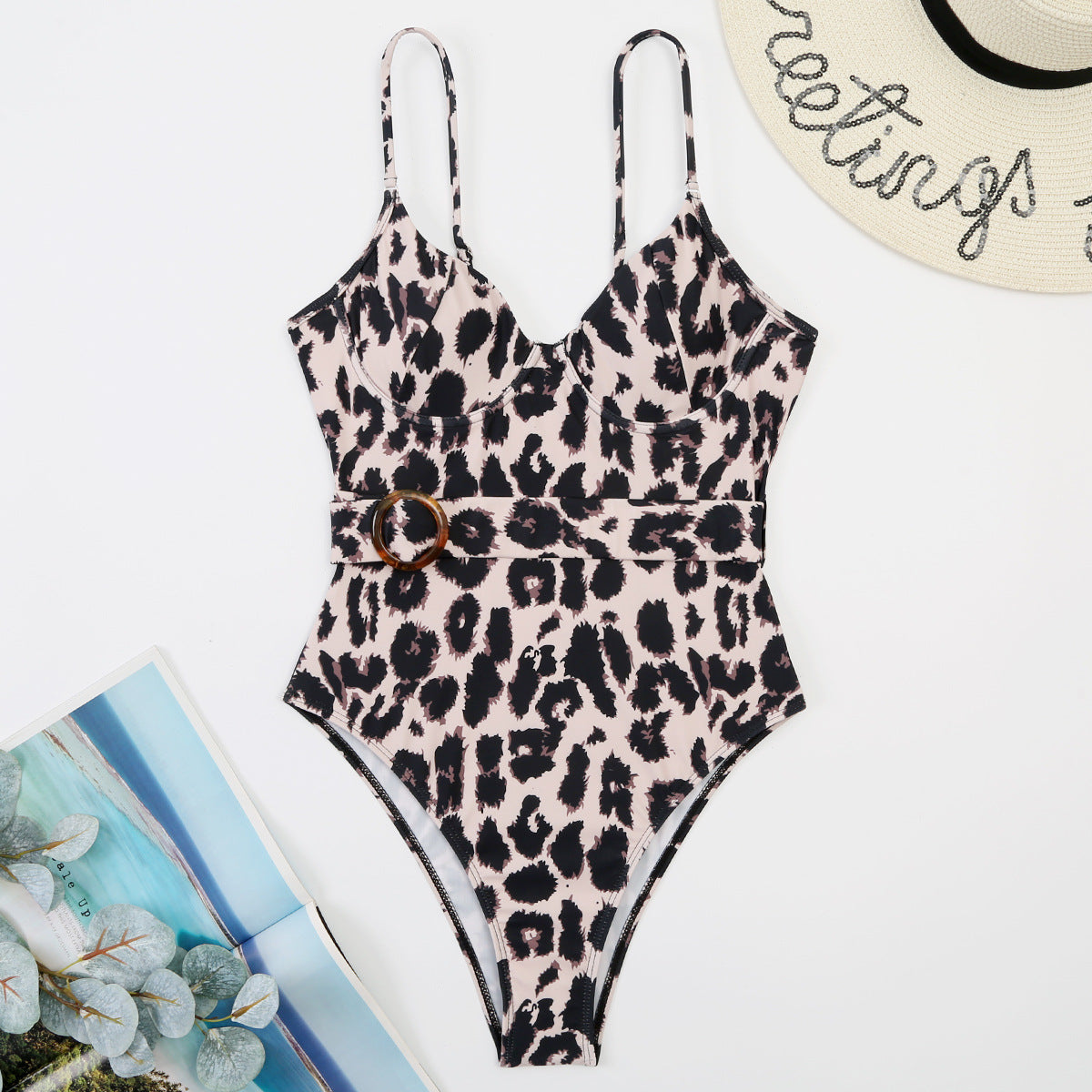 New Leopard-print One-piece Swimming Suit Strappy Low-cut Belt