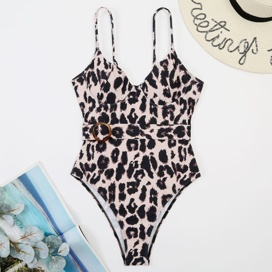 New Leopard-print One-piece Swimming Suit Strappy Low-cut Belt