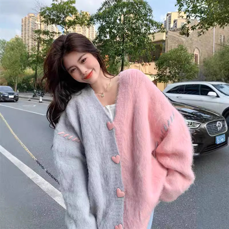 Contrast Color Weave Soft Glutinous Knitted Cardigan Coat For Women