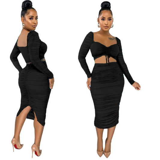 Sexy Drawstring Mesh Skirt Two-piece Suit