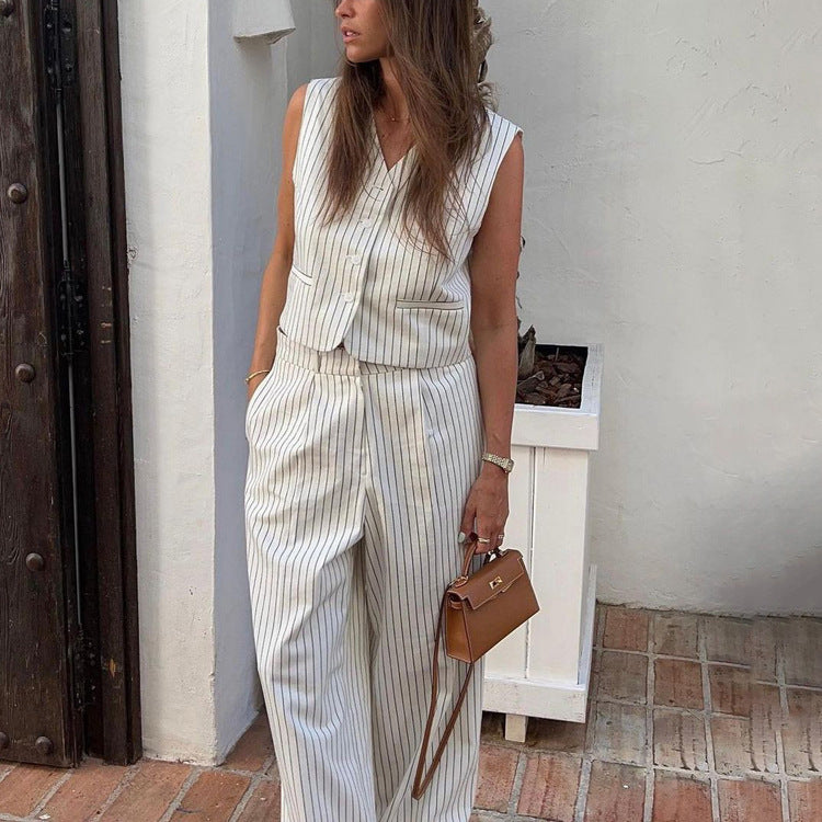 Women's Striped Vest Trousers Casual Wear Temperament Commute Suit