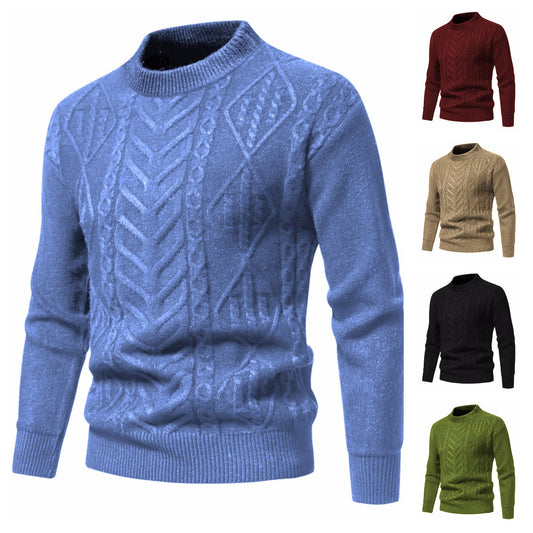 American Retro Solid Color European Jacquard Round Neck Men's Knitwear Sweater