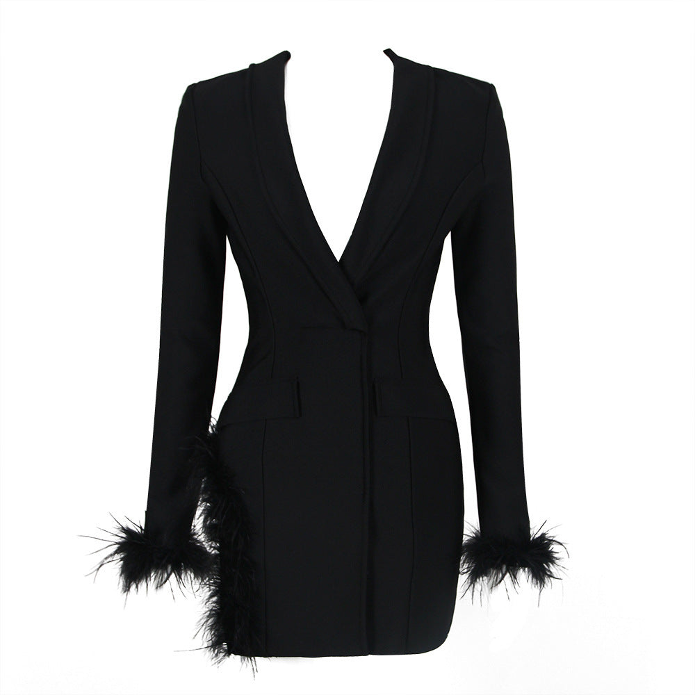 Fashion Ostrich Feather Long Sleeve Bandage One-piece Dress