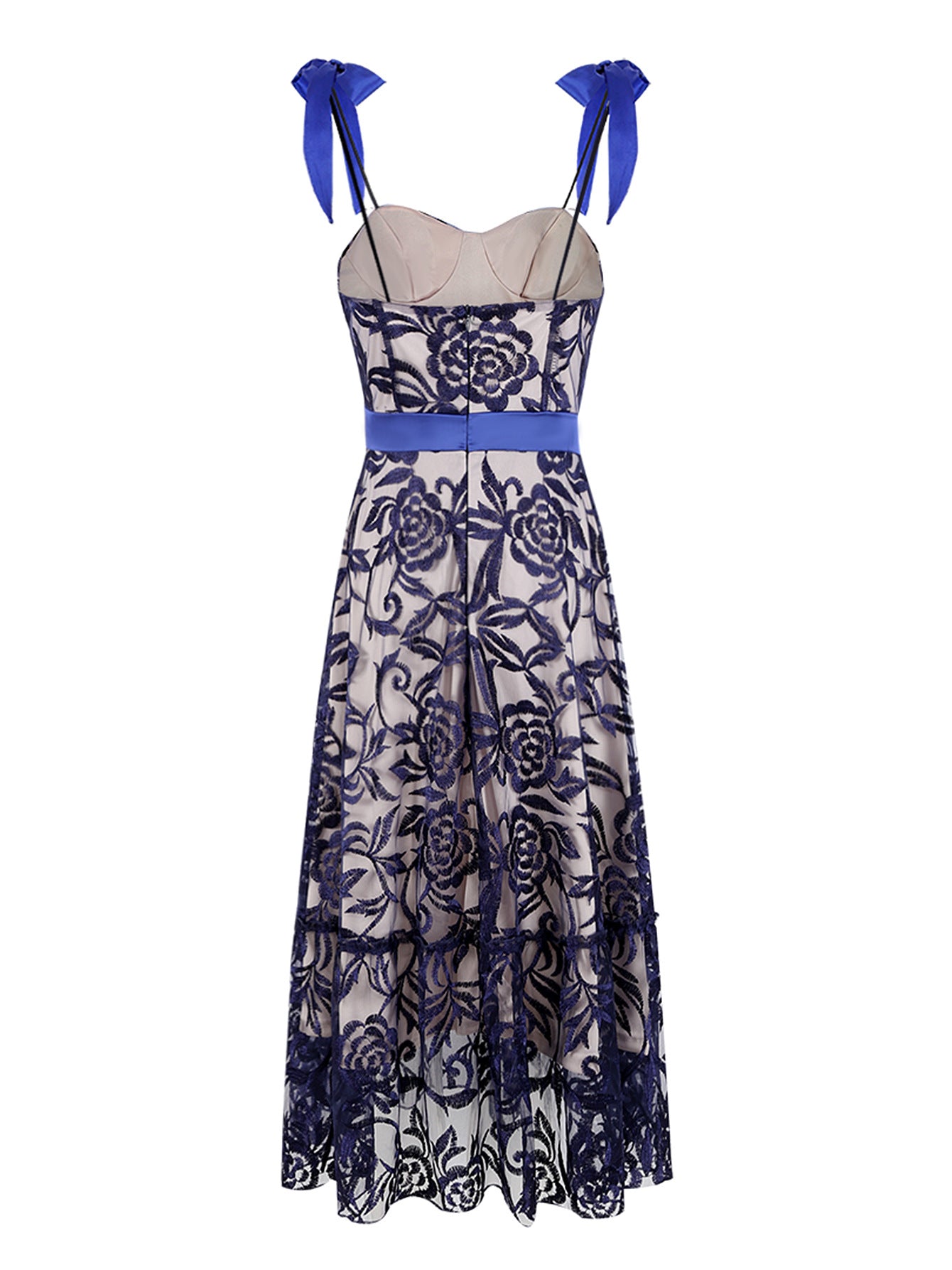 Blue Embroidered Printed Sling Backless Long Dress