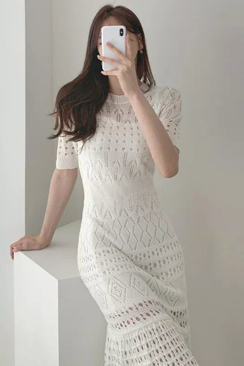 Round Neck Heavy Industry Cutout Short Sleeve Knit Dress With Suspenders