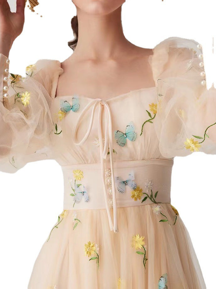 Vestido de malla con bordado floral y mariposas tridimensionales para mujer