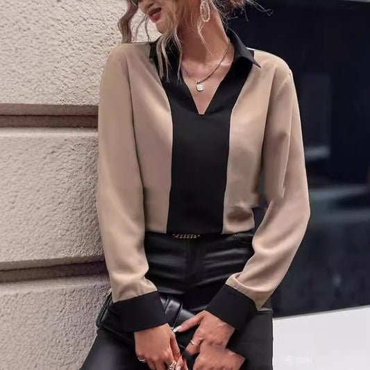 Women's V-neck Fashion Casual Top Long-sleeved Shirt