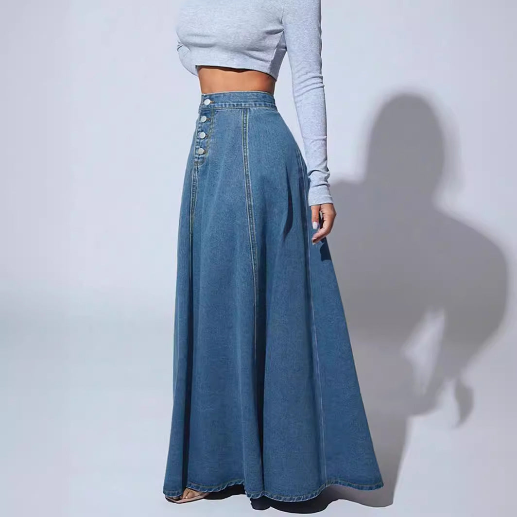 Retro Style Fashionable Large Swing Design Single-breasted Denim Skirt