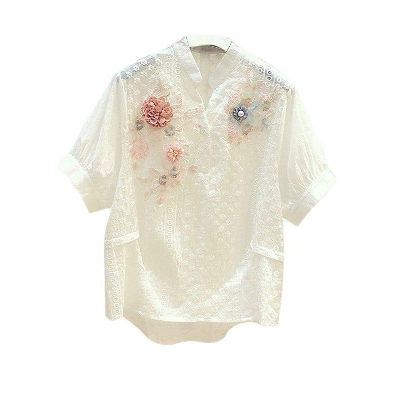 Camisa de algodón de manga corta con cuello de flores y bordado Retro estilo informal para mujer